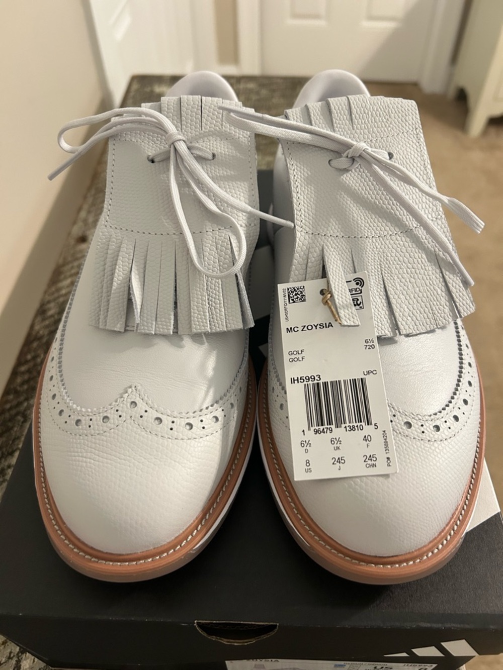 adidas White Leather Kiltie Wingtip Loafers with Tan Welt